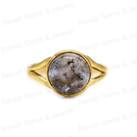 Beautiful 12mm Natural Dendrite Opal Gemstone 925 Silver Vermeil Split Eternity Round Bezel Statement Ring Women Fine Jewelry
