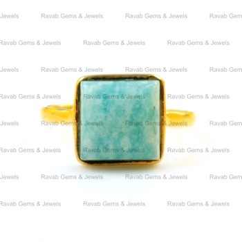 Hot Selling 12mm Square Bezel Setting 925 Sterling Silver 18K Gold Plated Fine Women's Ring With Natural Amazonite Jewelry