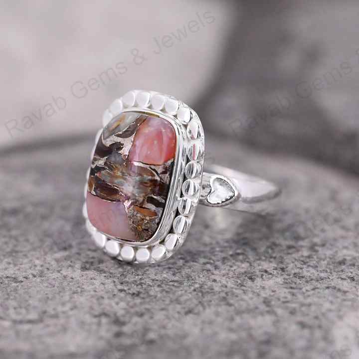 Hot Selling Designer Beaded Cushion Bezel Ring 12x16mm Mohave Pink Copper Opal Solid 925 Sterling Silver Handmade Fine Jewelry