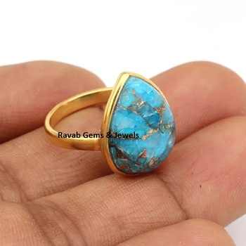 10x14mm Pear Mohave Blue Copper Turquoise Gemstone 18k Gold Plated 925 Sterling Silver Ring Women High Quality Fine Jewelry