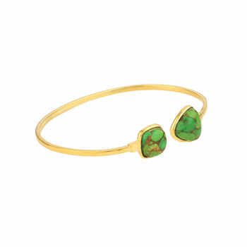 Genuine Solid 925 Sterling Silver 18k Gold Plated Natural Green Copper Turquoise Bezel Setting Adjustable Cuff Bangle Bracelet