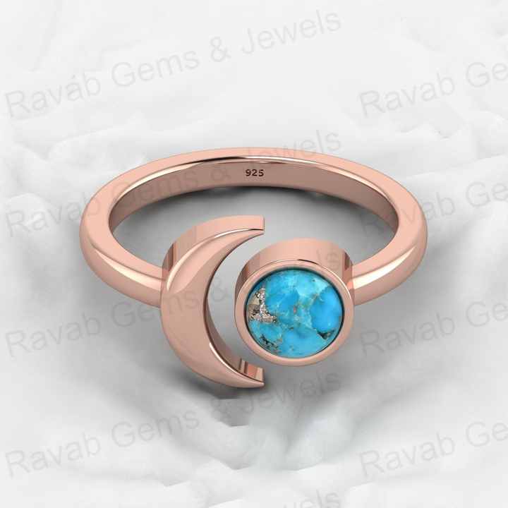 Best Selling 18K Gold Plated Genuine 925 Silver Blue Copper Turquoise Round Gemstone Adjustable Moon Ring for Women Fine Jewelry