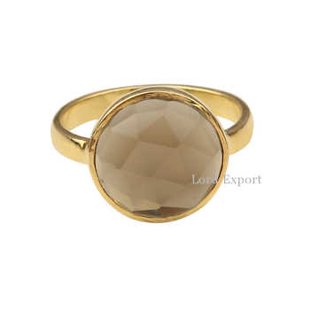Wholesale Latest Natural Gemstone Smoky Quartz Ring Design Handmade 925 Sterling Silver 18k Gold Plated Ring for Women and Men
