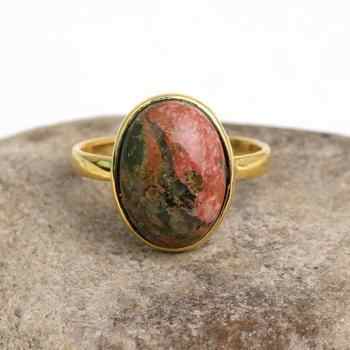 Beautiful Handmade Gold Plated 925 Silver 10x14mm Unakite Gemstone Cabochon Oval Shape Bohemian Bezel Ring Fine Jewelry For Her