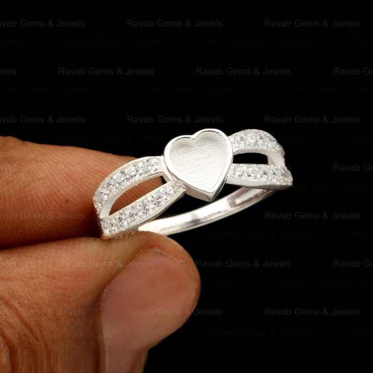 925 Sterling Silver Solid Silver 6mm Heart With Zircon Semi Mount Blank Bezel Setting Ring for Keepsake Breastmilk Jewelry
