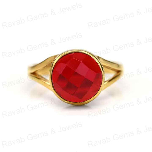 Top Quality Solid 925 Sterling Silver Red Garnet Hydro 12mm Round Checker Cut Bezel Setting 18k Gold Plated Ring for Women's