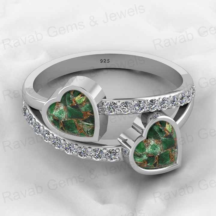 Best Selling Genuine 925 Silver Mohave Peridot Copper Gemstone With CZ Bezel Double Band Couple Heart Ring for Valentine Jewelry