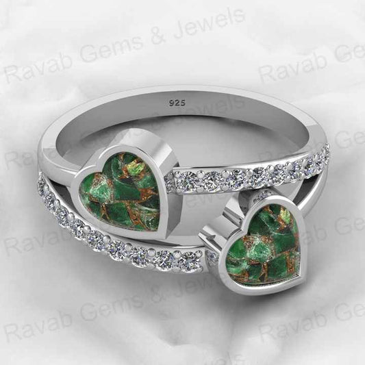 Best Selling Genuine 925 Silver Mohave Peridot Copper Gemstone With CZ Bezel Double Band Couple Heart Ring for Valentine Jewelry