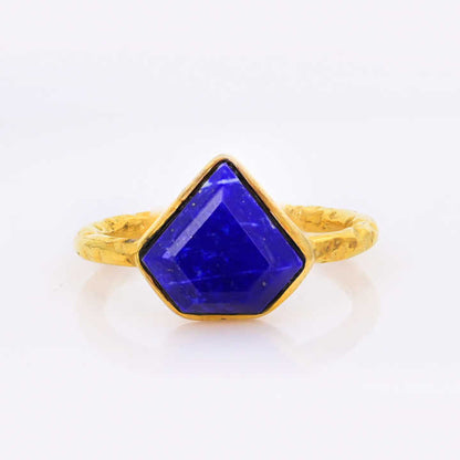 Best Selling 925 Silver Gold Vermeil Natural 10mm Lapis Lazuli Gemstone Diamond Cut Bezel Eternity Ring Fine Jewelry for Women