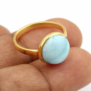 Best Quality Solid 925 Sterling Silver 18k Gold Plated Natural Larimar Round 10mm Bezel Setting Ring for Women Handmade Jewelry