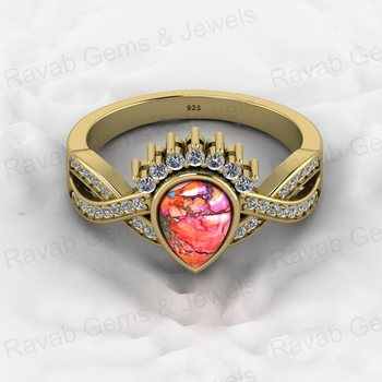 Women's High Quality 18K Gold Plated 925 Silver Crown Ring 6x8mm Pink Spiny Oyster Pear Gemstone with Twisted CZ Fine Jewelry