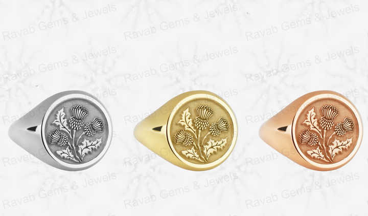 Best Selling 925 Silver Gold Vermeil 14mm Scottish Thistle Flower Engraved Monogram Signet Ring Customized Fine Jewelry for Men