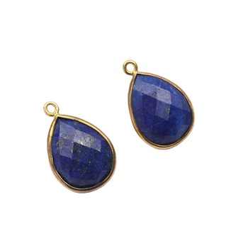 Genuine Solid 925 Sterling Silver 18k Gold Plated Natural Lapis Lazuli 12x16mm Pear Drop Checker Cut Bezel Setting Connectors
