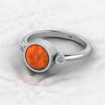 Fine Fashion Unisex Ring High Quality 925 Sterling Silver 8mm Orange Mohave Sponge Coral Band CZ High Quality Solid Sterling