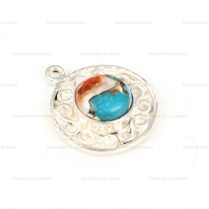 High Quality Mohave Spiny Oyster Copper Kingman Turquoise 925 Sterling Solid Silver 12mm Round Designer Fine Pendant for Women