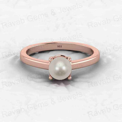 Best Selling Genuine 925 Silver Gold Vermeil Solitaire Eternity 6mm Fresh Water Pearl Prong Setting Ring Fine Jewelry for Women