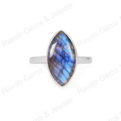 Top Quality Solid 925 Sterling Silver Natural Labradorite Marquise Shape 7x14mm Gemstone Bezel Setting Simple Band Fine Ring