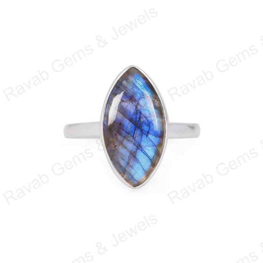 Top Quality Solid 925 Sterling Silver Natural Labradorite Marquise Shape 7x14mm Gemstone Bezel Setting Simple Band Fine Ring