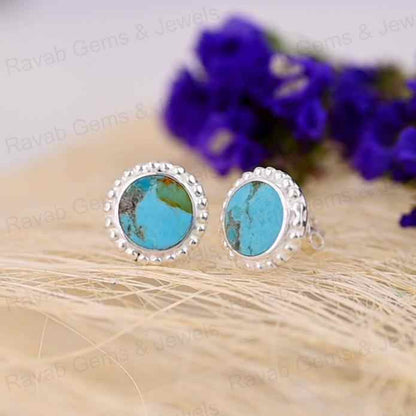 Top Selling 9mm Mohave Arizona Turquoise Gemstone Handmade 925 Silver Rhodium Plated Designer Boho Stud Earrings Navajo Jewelry