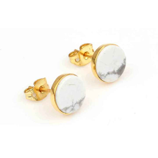 New Design 9mm Natural White Howlite Turquoise Stone Waterproof Jewelry Sterling Silver 18k Gold Plated Stud Earrings for Her