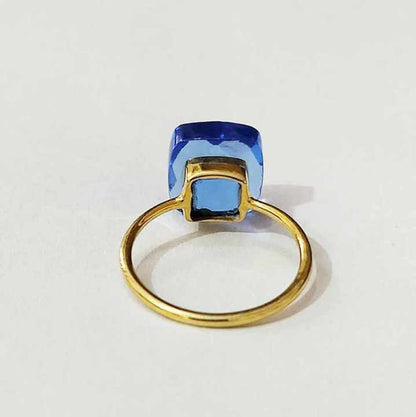 Genuine Blue Apatite Hydro Quartz 12mm Football Cut Cushion Shape 12mm Solid 925 Sterling Silver 18k Gold Plated Ring For Women