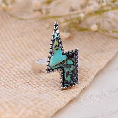 Top Selling Vintage 23x13mm Natural Mohave Turquoise High Polished 925 Silver Bezel Flash Bolt Women Ring Navajo Fine Jewelry