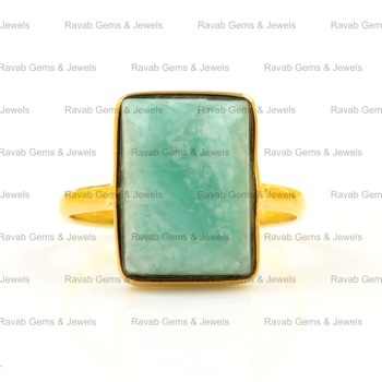 18K Gold Plated Boho Style Handmade Fine Sterling Silver Wedding Anniversary Ring 12x16mm Natural Amazonite Smooth Parties