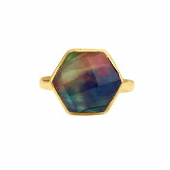 Latest 18K Gold Plated Fine Jewelry Ring Simple Hexagon Shape Featuring 12mm Abalone Shell Hydro Quartz Bezel Setting for