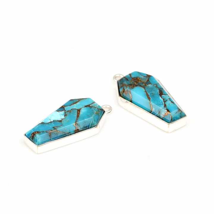 Top Selling 10x17mm Mohave Blue Copper Turquoise Gemstone Bezel Set 925 Sterling Silver Coffin Charm for Pendant and Necklace