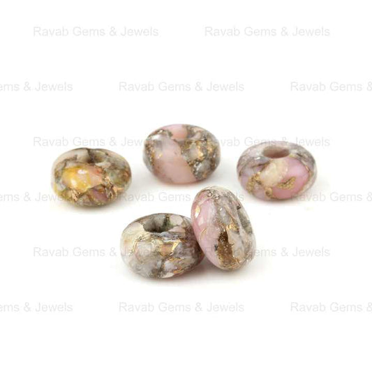 14x8mm Natural Pink Opal Coral Copper Composite Smooth Rondelle 5mm Big Hole Gemstone Beads for Jewelry Making Wholesale Price