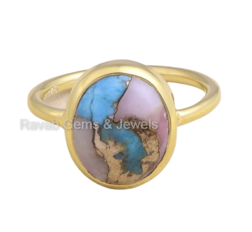 2024 Best Selling 18K Gold Plated Sterling Silver Dainty Oval Ring Women 10x14mm Pink Opal Copper Turquoise Bezel Partie