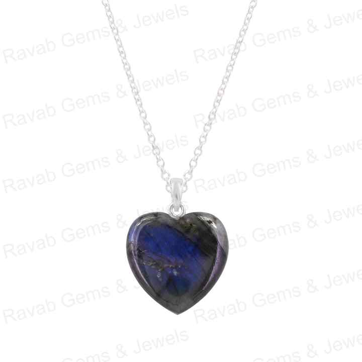 Hot Selling Mother's Day Sale 20mm Puffy Heart Natural Blue Fire Labradorite Handmade 925 Silver Pendant Necklace Fine Jewelry