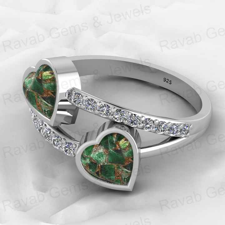 Best Selling Genuine 925 Silver Mohave Peridot Copper Gemstone With CZ Bezel Double Band Couple Heart Ring for Valentine Jewelry