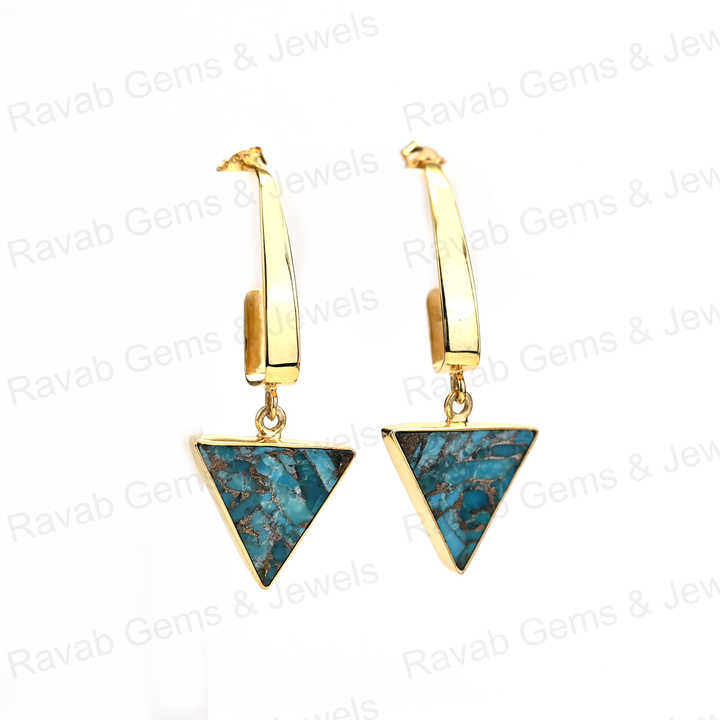 New Arrival Solid 925 Sterling Silver Natural Blue Copper Turquoise Smooth 18k Gold Plated Dangle Drop Fine Earring for Women