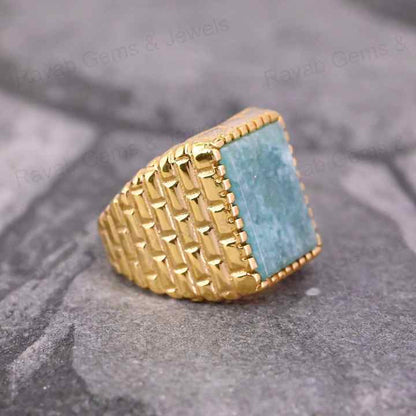 Handmade Solid 925 Silver 12x16mm Natural Amazonite Pattern Bricks Rectangle Signet Ring for Men Latest Design Fine Jewelry