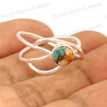 Best Quality Genuine Mix Oyster Spiny Oyster Turquoise 10mm Solid 925 Sterling Silver Multi-Band Designer Women's Wedding/Party