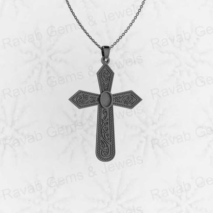 High Quality 925 Sterling Silver 50mm Floral Cross Semi Mounting Blank Setting Charm Pendant Good for Gemstone Jewelry Findings
