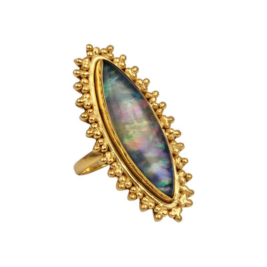 Gold Plated Silver Boho Marquise Shape Latest 18K Designer Ring Fine 10x30mm Abalone Shell Hydro Quartz Gemstone Bezel for Her