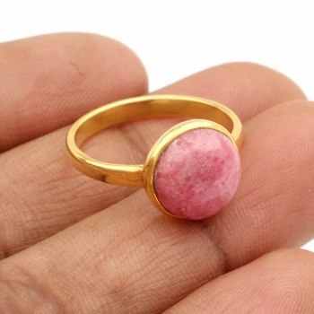 10mm Natural Rhodochrosite Gemstone Bezel 18k Gold Plated Dainty Sterling Silver Ring Beautiful Unisex Women's Jewelry
