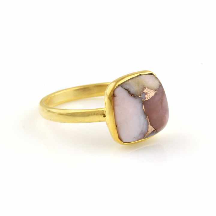 Hot Selling 12mm Pink Opal Copper Healing Stone Bezel 18k Gold Plated 925 Silver Minimalist Cushion Ring Women Jewelry Supplier