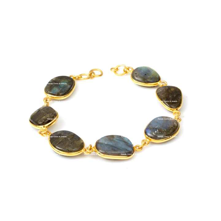 Best Selling Natural Blue Flash Labradorite Gemstone Bezel 925 Silver 18k Gold Plated Chain Adjustable Uneven Bracelet for Women