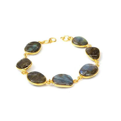 Best Selling Natural Blue Flash Labradorite Gemstone Bezel 925 Silver 18k Gold Plated Chain Adjustable Uneven Bracelet for Women