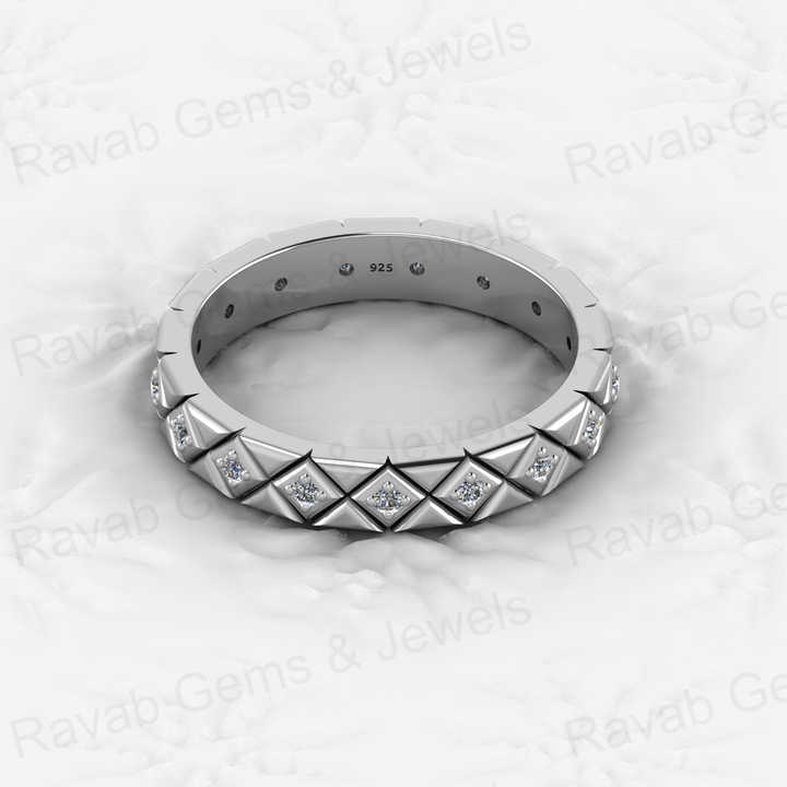 Best Selling 925 Sterling Silver Square Checker Patterned Vermeil Round Cut Brilliant Eternity Band Ring for Fine CZ Jewelry