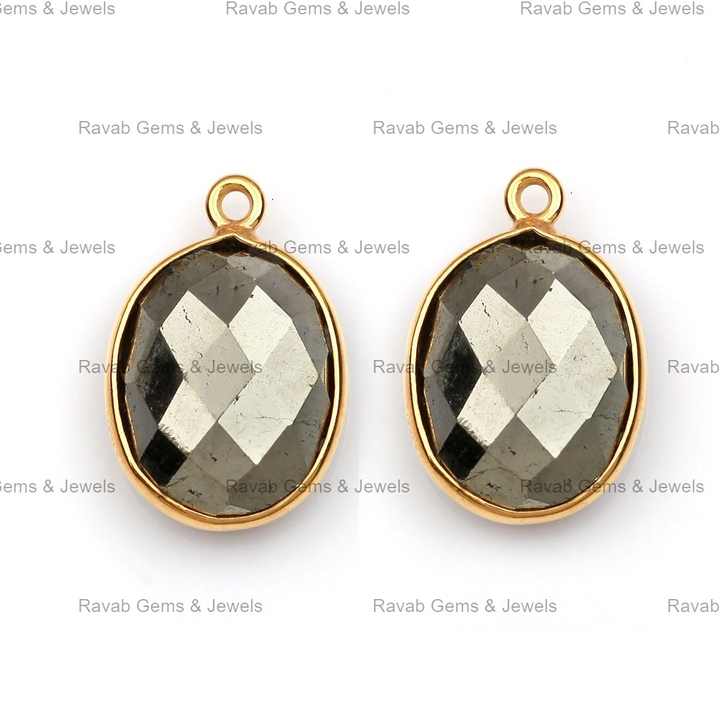 Latest Design Natural 12x16mm Oval Shape Fool's Gold Pyrite Gemstone Jewelry Sterling Silver Gold Plated Charm Pendant for Her