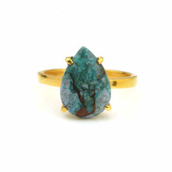 Best Selling Solid 925 Sterling Silver 18k Gold Plated Chrysocolla Copper 12X16mm Pear Bezel Setting Ring for Women Jewelry