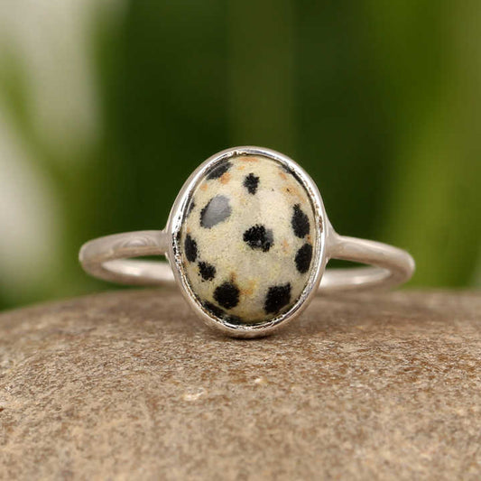 10x14mm Oval Dalmatian Jasper Cabochon Genuine Gemstone Set 925 Solid Sterling Silver Rhodium Fine Rings for Women's Daily Wear