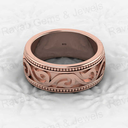 New Design Genuine 925 Sterling Silver Eternity 8mm Wide Band Gold Vermeil Floral Swirl Engraving Ring Personalized Fine Jewelry