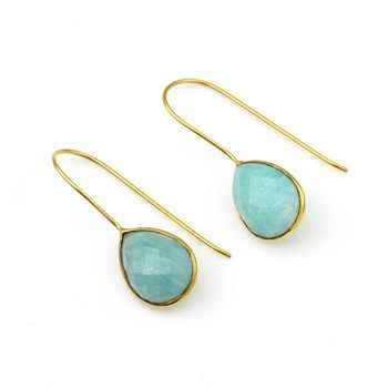Best Selling 925 Sterling Silver Fine Dangle Earrings 12x16mm Natural Amazonite Bezel with Gold Plating Dainty Teardrop Design