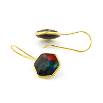 Hot Selling 18K Gold Plated 925 Silver Hexagon Teardrop Earrings New Design 12mm Ammolite Hydro Quartz Gemstone Bezel Jewelry