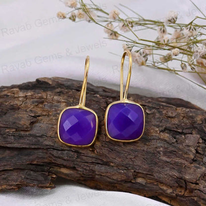 Beautiful Handmade 12mm Cushion Checker Cut Purple Chalcedony Stone 925 Silver 18k Gold Dangle Drop Women Earring Fine Jewelry